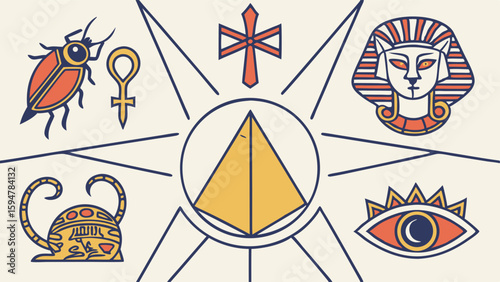 Vibrant Flat Design Vector Art of Ancient Egyptian Mythology Symbols featuring a Pyramid, Scarab, Ankh, Pharaoh Mask, Eye of Horus, and Bastet Cat