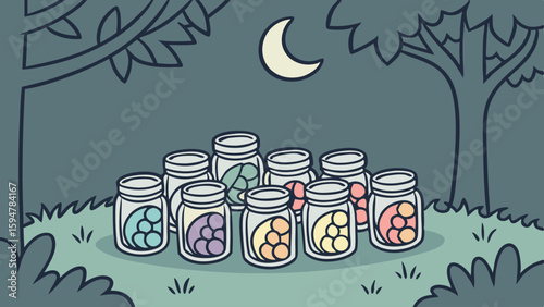 Whimsical cartoon art of ten glass jars filled with vibrant spiral shells and glowing orbs, set in a serene moonlit forest under a bright crescent moon.