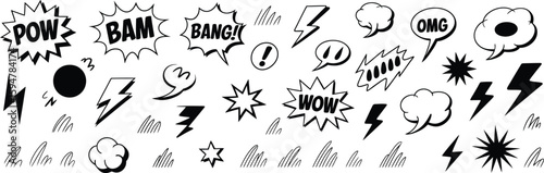 Black Comic Speech Bubbles with Wow Pow Bang and Lightning on White Background