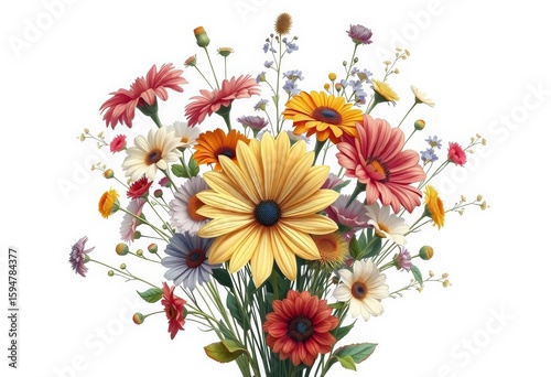 A whimsical bouquet of wildflowers, rendered in a vintage oil painting style, isolated on white, romantic, wildflowers