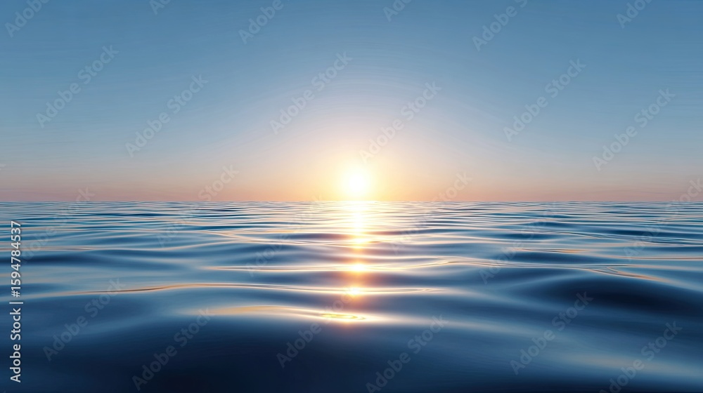 Fototapeta premium Serene Sunrise Over Calm Ocean Waves with Clear Blue Sky Above the Horizon