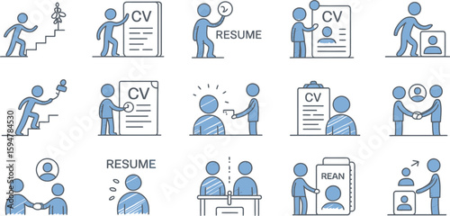Blue Line Art People Figures Icon Set, Human Resource and Career Design on white