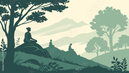 Serene green silhouette illustration of people meditating in lotus pose amidst tranquil mountain landscape with trees, perfect for mindfulness and zen.