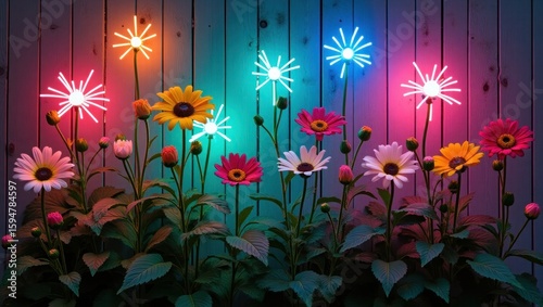 Colorful Flowers and Neon Lights Against a Wooden Fence Background