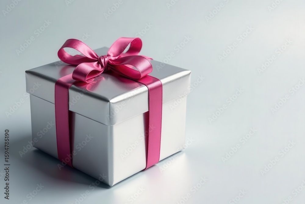 Obraz premium Silver gift box with ribbon and bow on silver background , shiny, silver bow