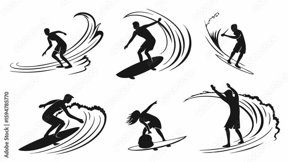 custom made wallpaper toronto digitalDynamic black silhouette surfers riding ocean waves vector set. Graphic collection of various male and female surf poses and wave designs on a clean white background.