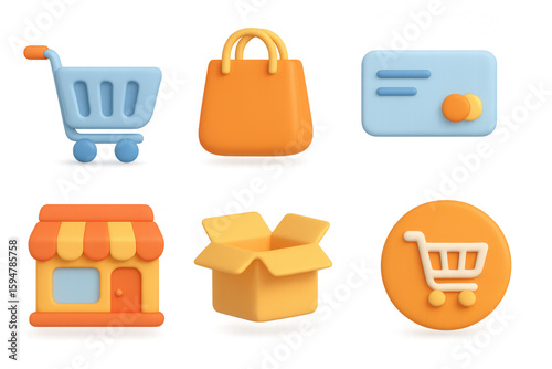3d icons for shopping and e-commerce: cart, bag, and credit card elements