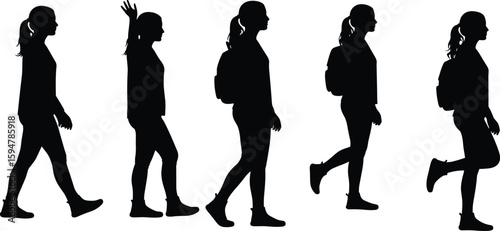 Silhouettes of a girl walking and waving with backpack, perfect for student, school commute, youth lifestyle, and motion illustrations.