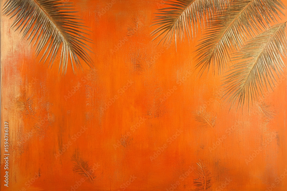 Fototapeta premium Tropical orange background with palm leaf imprints for a vibrant summer atmosphere