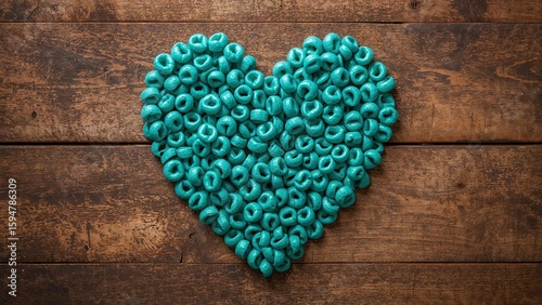 Heart shape of blue cereal on rustic wooden tabletop, symbolizing love and creativity