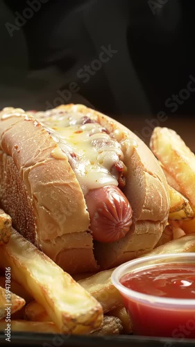 Cheese Dog with Fries, and Ketchup.