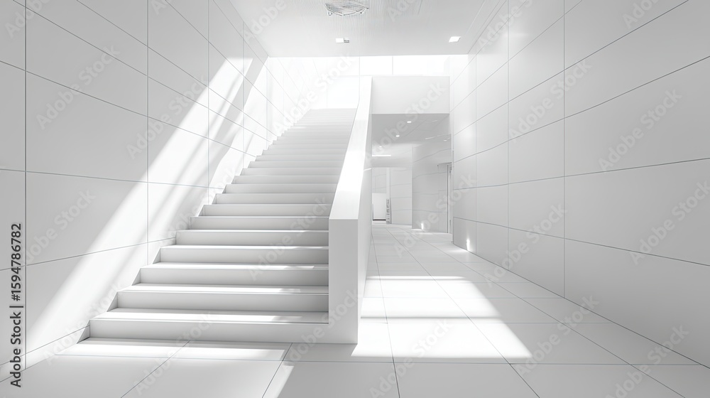 Obraz premium Modern Interior Design with Bright Staircase in Minimalist White Space at Daytime
