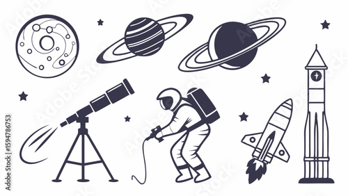 Detailed black and white vector illustration of space and astronomy elements. Features planets, an astronaut, rockets, a telescope, and the solar system.