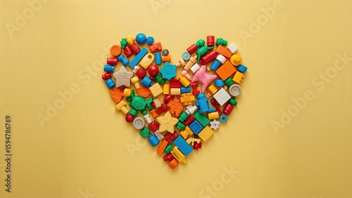 Heart shape made from colorful assorted building blocks on yellow background