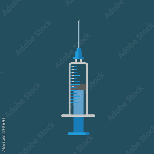 Flat design medical syringe with blue liquid, plunger, and measurement markings.