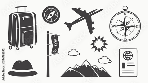 Monochrome travel adventure icons set featuring suitcase airplane passport compass mountains sun hat and money flag. Ideal vector collection for vacation exploration.