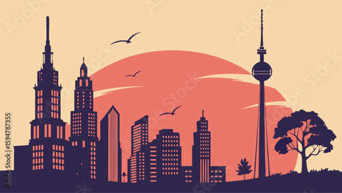 Retro silhouette city skyline illustration at sunset, featuring tall urban buildings, a prominent TV tower, flying birds, and a scenic tree. Vintage travel art.