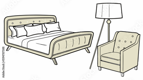 Elegant beige upholstered bedroom furniture set featuring a tufted bed, cozy accent armchair, and stylish tripod floor lamp for modern home decor inspiration.