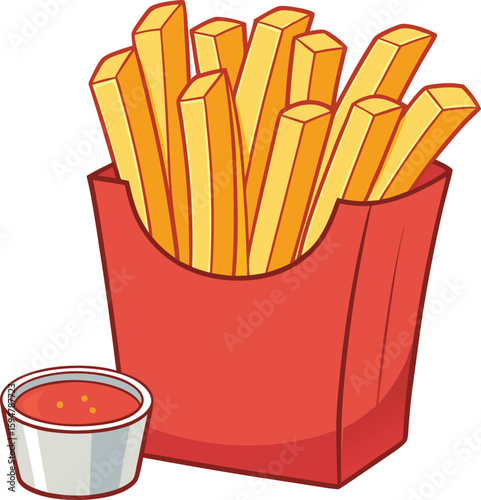 Delicious french fries in a red container with ketchup dip
