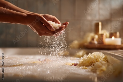 Relaxing spa experience with bath salts and flowers in a tranquil setting during a soothing evening