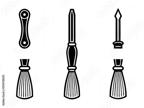 Collection of stylized vintage tools and implements in black and white