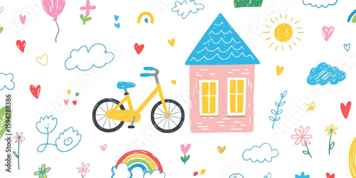 Cheerful Childlike Doodles House, Bicycle, Flowers, Rainbow on White Background