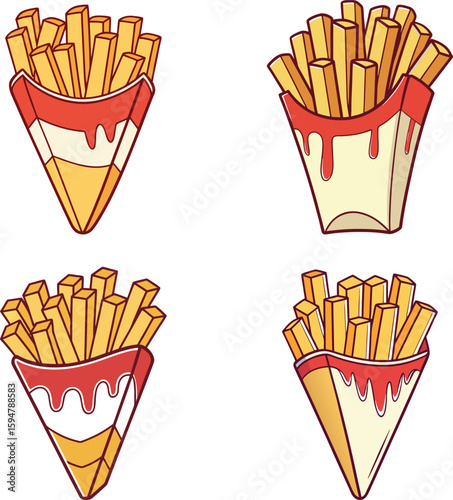 Four deliciously drawn french fries in cones with ketchup
