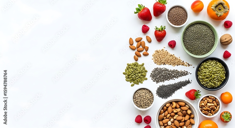 Fototapeta premium Overhead shot of healthy seeds, nuts, and fruits isolated on white background
