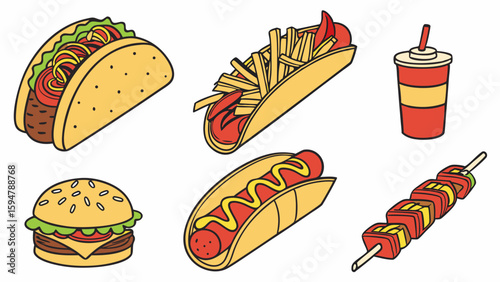 Colorful cartoon fast food collection featuring hot dogs, hamburger, taco, french fries, soda, and kebab. Simple vector illustration of various popular junk foods.