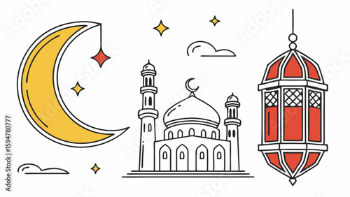 Colorful Modern Ramadan Eid Islamic Symbols Line Art Graphic Set with Crescent Moon, Mosque, and Lantern. Perfect Vector Illustration for Muslim Celebrations