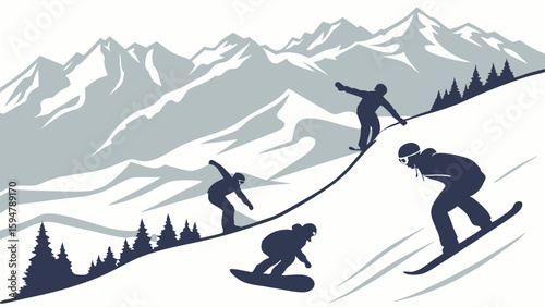 Dynamic winter sports scene with snowboarders and a skier on snowy mountain slopes. Flat vector illustration in silhouette style for outdoor recreation and adventure.