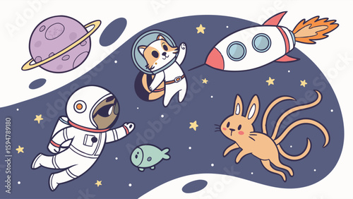 Whimsical cartoon illustration of a diverse astronaut, cute cat, and fantasy creature exploring the cosmic galaxy with a rocket, planet, and stars