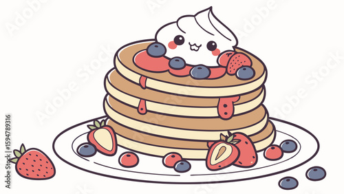 Delicious kawaii cartoon illustration of a fluffy pancake stack featuring an adorable whipped cream face, fresh blueberries, sliced strawberries, and sweet red syrup on a white plate.