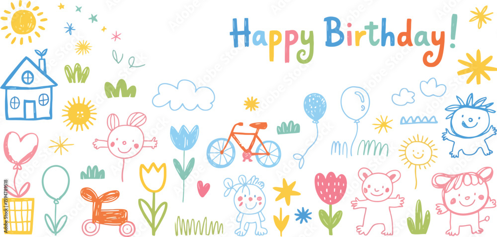 Colorful Handdrawn Happy Birthday with Sun, Flowers, Clouds, Gift, Toys on White Colorful Handdrawn Happy Birthday with Sun, Flowers, Clouds, Gift, Toys on White