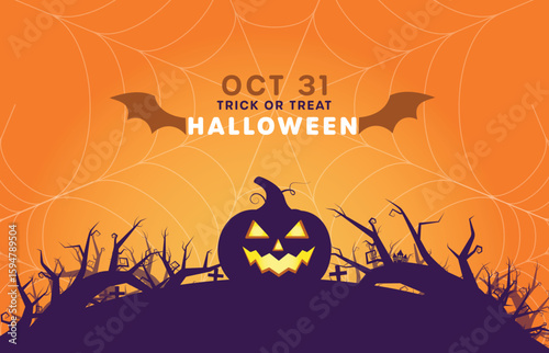 Halloween party invitation banner with a spooky landscape background. Vector graphic featuring a haunted house, graveyard, pumpkins, and bats for the October 31st celebration.