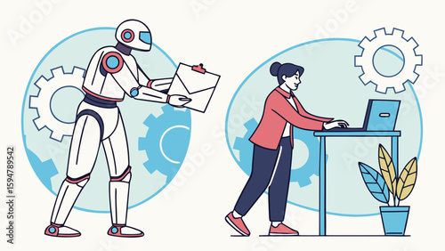 Robot delivering a document to a woman working on a laptop with gears in the background design concept
