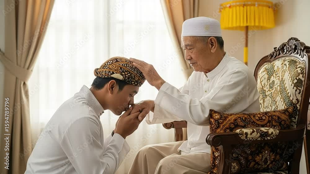 Young Man Showing Respect and Seeking Blessing from Elder with Traditional Hand Kiss in Cultural Ceremony at Home