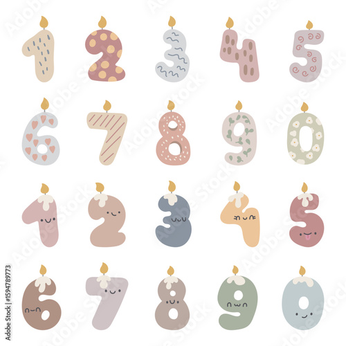 Candle number set in scandinavian style for birthday party with adorable characters and festive objects used in decoration and for your illustration and creative designs projects