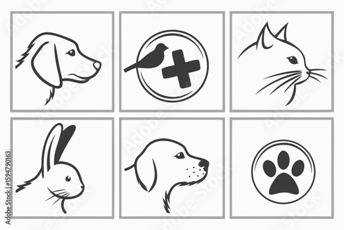 Six minimalist vector icons of pets and veterinary symbols rabbit bird