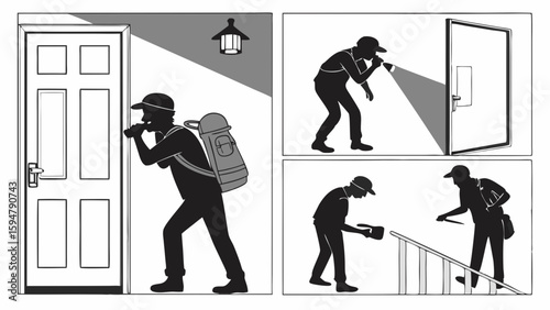 Black and white illustration of a burglar attempting home entry, shining a flashlight inside, and two intruders searching a house for theft.