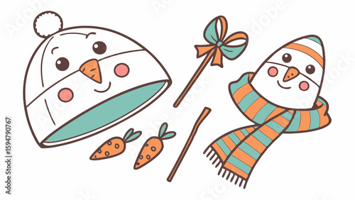 Cute cartoon winter snowman building kit featuring a white hat, striped scarf, orange carrots, and stick arms. Ideal for Christmas and holiday craft projects.