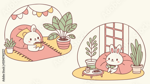 Cute cartoon bunnies relaxing in cozy pastel home rooms with plants and bean bags, enjoying coffee and reading. Adorable minimalist hygge lifestyle illustration.