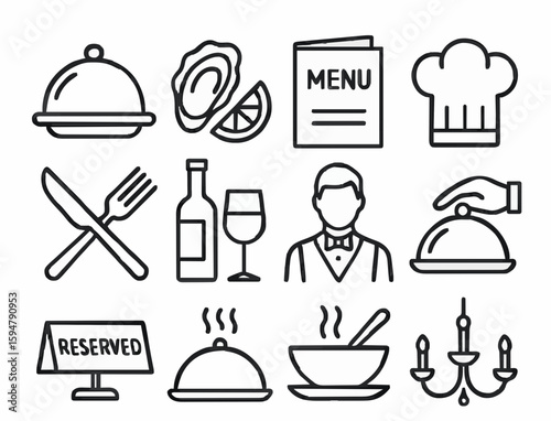 Vector illustration of 12 unique minimalist restaurant and dining line art icons in a 3×4 grid for menu design, culinary branding, hospitality website graphics, food app interfaces, and fine dining ma