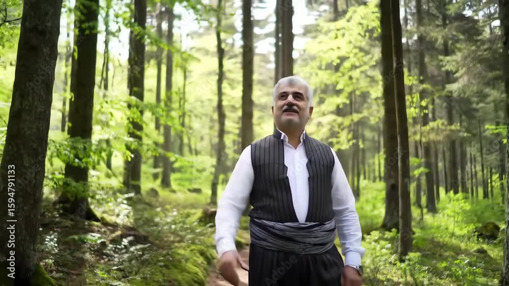 A happy senior man in traditional clothing walking on a path through a beautiful sunlit green forest A happy senior man in traditional clothing walking on a path through a beautiful sunlit green forest