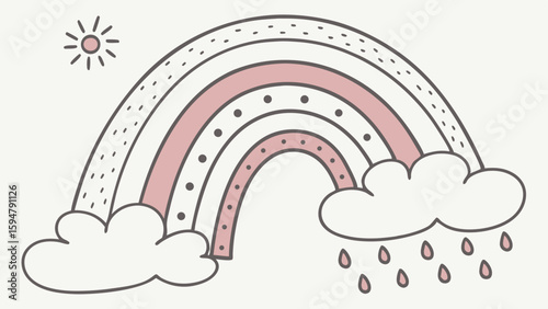 Cute hand-drawn pink and black rainbow illustration with clouds, rain, and a sun. Whimsical nursery art for children's room decor, minimalist doodle style.