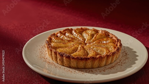 Elegant pear tart on white plate against rich red background