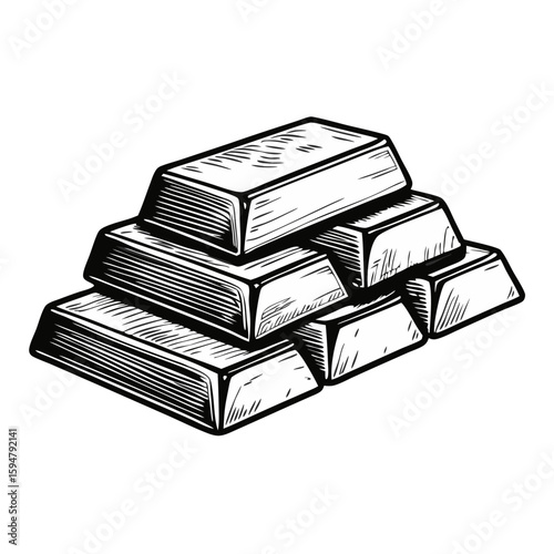 Stacking gold blocks sketch in vintage engraving style, showing bars of bullion stacked on top of each other, each bar meticulously sketched.