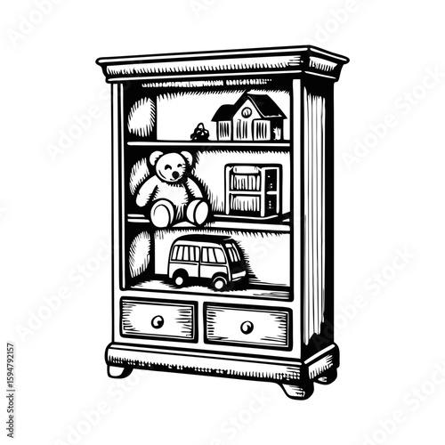 Toy shelf illustration in vintage engraving style, showcasing teddy bear, toy bus, and miniature house. Toy shelf illustration also contains books and ball on its shelves.