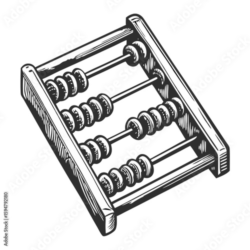 Wooden abacus drawing in vintage engraving style, an antique counting tool with beads. Wooden abacus drawing is perfect for educational materials and classic math concepts.
