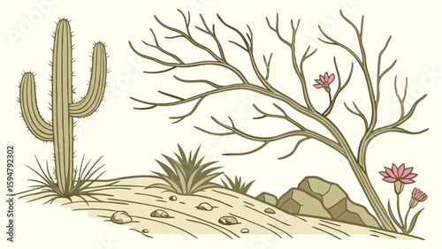 Southwestern desert landscape illustration featuring a saguaro cactus, dry tree with pink flowers, rocks, and sandy ground. Arid nature vector art.